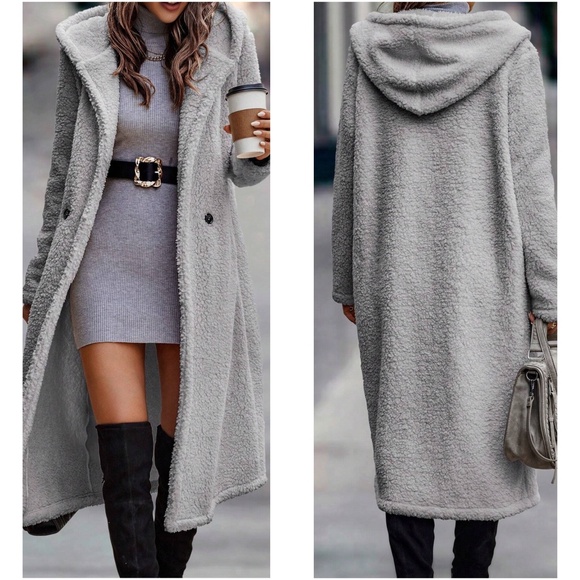 Cozy Teddy Button Hoodie Oversized Long Jacket Coat - Picture 6 of 9